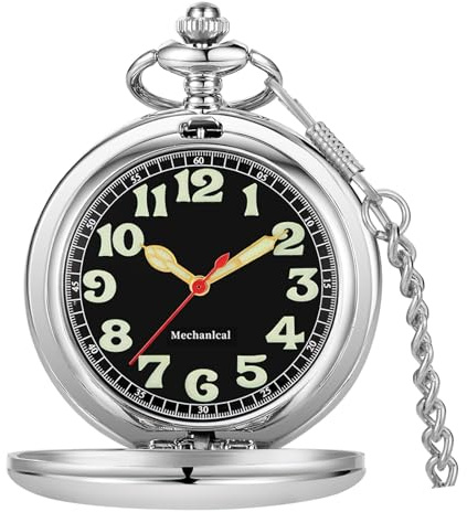 Tiong Montre de poche mécanique vintage en acier lisse avec cadran lumineux et chaîne pour homme