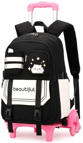 Amythe Sac a Dos à Roulettes pour Filles de 9 à 16 ans, Cartable à Roulettes pour Enfants Adolescents avec 6 Roues, Sac Ecole Léger de 28L pour élèves du Primaire et du Secondaire, Noir