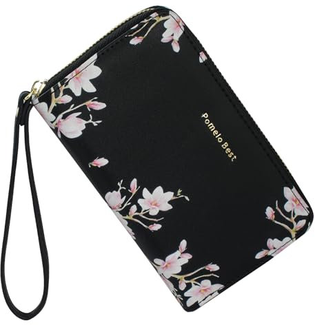 Pomelo Best Damen Geldbörse mit Blüten Muster – Stilvolles Portemonnaie mit Handschlaufe Reißverschluss RFID-Schutz Geldbeutel Geschenk für Frauen (Schwarz)