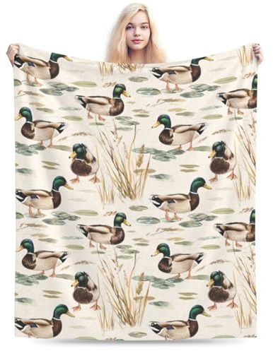 Qycazzw Mallard Duck Pond Theme Blanket Gifts for Women Kids, Wildlife Bird Flannel Blankets, Warm Cozy Soft Throw for Bedroom, Camping, Couch, Decor 50x60 in