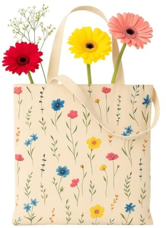 MINIMARG Printed 100% Cotton Tote Bag Souvenir for Presents | London Canvas Gift Bag | Reusable UK Shopping Bag | Size 38x42cm+65cm long Handle (Floral)