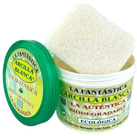 LA FANTASTICA Arcilla Blanca Natural Biodegradable Ecológica Para Limpieza Profunda, Multiusos, 600gr, Esponja Incluida