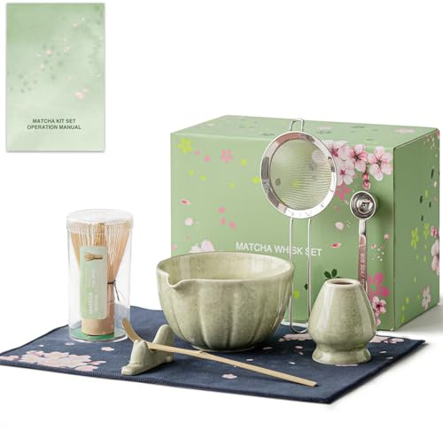 8 Pcs Matcha Whisk Set - HTRCXB Matcha Set with Ceramic Bowl, Bamboo Whisk & Holder, Scoop, Sifter, Measuring Spoon, Scoop Rest & Tea Towel, Complete Gift Kit for Beginners & Tea Lovers