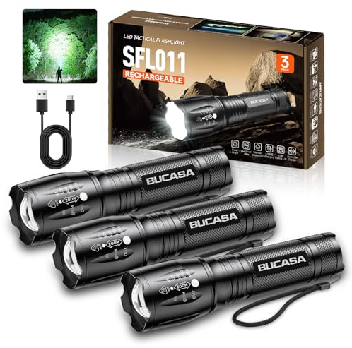 BUCASA 3 Pack Rechargeable Flashlights High Lumens, Brighter Small Flashlight Powerful Tactical Flashlights Rechargeable, Waterproof LED Flashlight with 3 Modes Zoomable for Camping Emergency