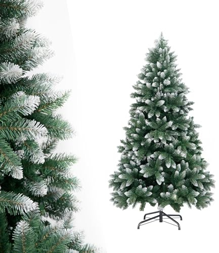 APICIZON 6ft Flocked Christmas Tree – Snow Tipped Artificial Xmas Tree with 750 Branch Tips, Realistic White & Green Look, Sturdy Metal Stand, Indoor Outdoor Christmas Decoration 1.8m