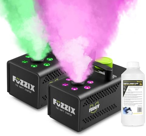 Fuzzix F506V – Set de 2 Máquinas de Humo Vertical 500W con LEDs RGB, Función Estroboscópica, Control Remoto Inalámbrico, Listas en 2,5 min, Incluye 1L de Líquido, para DJ y Eventos