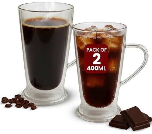Double Walled Coffee Mugs 2 Pack - 400ml Glass Coffee Mugs for Hot & Cold Drinks - Scratch Resistant Latte Mug - Easy to Clean Insulated Borosilicate Glass Cups