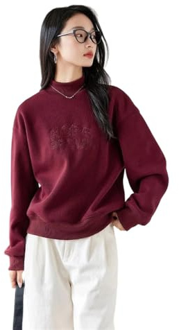 Women Commuter Sweatshirt Semi-High Neck Loose Exquisite Embroidery Top Angora Red L