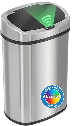 iTouchless 13 Gallon Oval Sensor Trash Can with Odor Filter, 50 Liter Automatic Kitchen Garbage Bin, Fingerprint-Proof Stainless Steel, Smart Hands-Free Motion Lid, Quiet Soft-Close, Brushed Silver