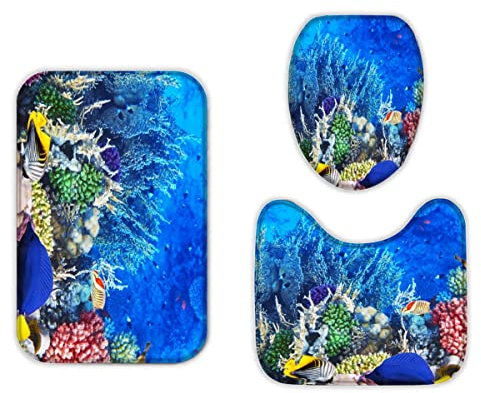RLYXGS Koralle Badezimmermatten und Teppiche 3-Teiligs Set Fisch Flanell Memory Foam rutschfeste Matten und Badteppich,Ozean Toilettendeckelabdeckung,Badvorleger Badgarnitur WC Vorleger