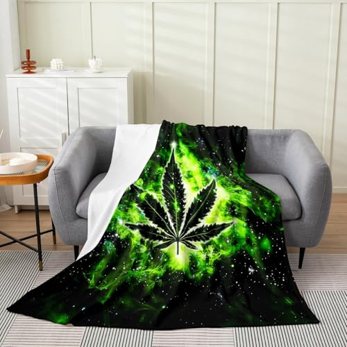 Marijuana Weed Fleece Throw Blanket Super Soft Cozy Green Galaxy Flannel Blanket for Kids Women Adults Trippy Leaves Plush Blanket Psychedelic Smoke Fuzzy Blanket for Sofa Bed Couch(60x80 Inches)