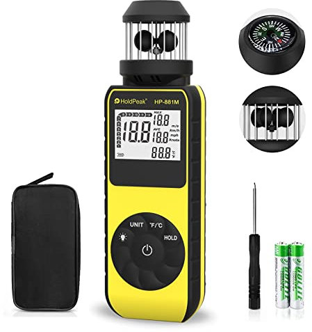 New Digital Anemometer Handheld Wind Speed Meter, HOLDPEAK 881M Digital Cup Anemometer Measure Wind Velocity with Compass, LED Screen, Data Hold, 360° Outdoor Wind Velocity Measurement 0.7~42m/s, ℃/℉