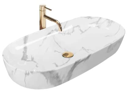 Rea Waschbecken Waschtisch Aufsatzwaschbecken Keramik Handwaschbecken Aufsatz Waschschale Oval 14x40x80 Marmor