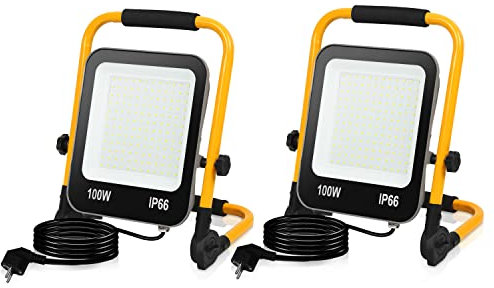 Ikodm LED Baustrahler, 2x100W Tragbares Flutlicht Baulampe, 10000LM 6000K Kaltweiß Bauscheinwerfer, Arbeitsleuchte IP66, M Kabel und Faltbarer Ständer für Werkstatt (mit Stecker), GOL-8790-M2x
