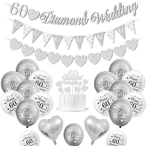 KISPATTI Diamond Wedding Decorations, 60th Anniversary Decorations 60 Banner Happy Balloons Silver White Heart Cake Topper