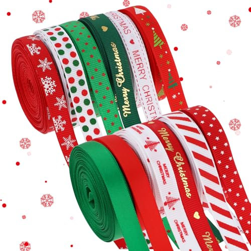 Bewudy 12 Rollen Schleifenband Weihnachten, 10mm Geschenkband Deko Schleifband Weihnachtsbaum Dekoband Schneeflocke Elch Bänder für Geschenk Dekoration (45m/Rollen)