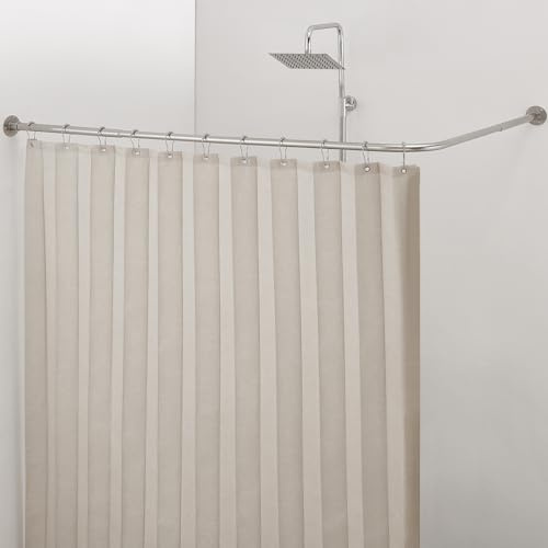 Crkmire Barra de Cortina de Ducha Esquinera en Forma de L de [61-134,6cm] X [61-134,6cm], Acero Inoxidable sin Flacidez, Barra de Cortina Curvada Ajustable de 90 Grados Para Baño - Dibujo de Níquel