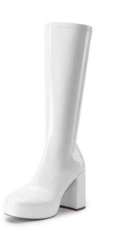 DREAM PAIRS Women's Knee-High Boots, Comfortable Chunky Block Heel Pointed Toe Pull On Side Zipper Suede Slouch Riding Boots,Size 9,White-Pat,SDKB2418W