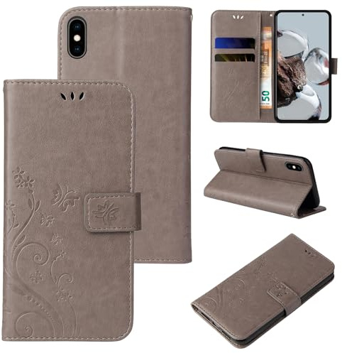 LBH Handy Hülle für Apple iPhone XS Max Case Handytasche Schmetterling Blumen Flower Standfunktion Schutzhülle Magnet Rundum Schutz 360 Grad Flipcase Cover Grau