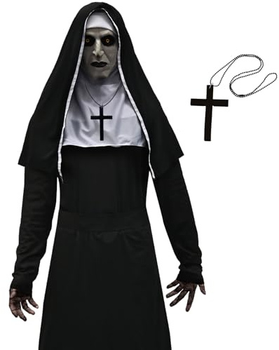 Antsparty Costume da suora horror per Halloween, maschera horror con cappuccio + abito da suora fantasma, maschere per Halloween, costume cosplay