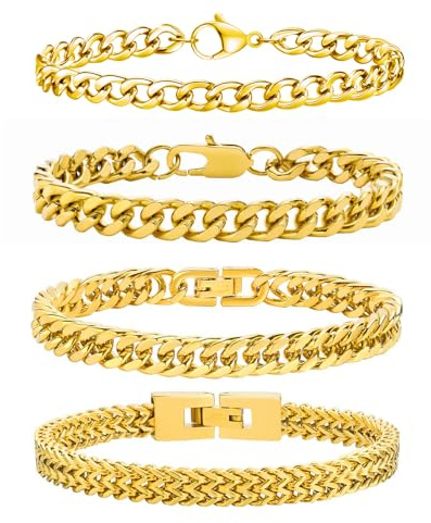Armband Mäns Silver Bracelet 4 Stycken Guld Svart Rostfritt Stål Kubansk Armband 19cm / 21cm / 23cm Längd Graduation Födelsedagsgåvor