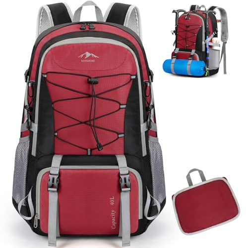 RAINSMORE Wanderrucksack Herren Damen 40L Wasserdichter Rucksack Leichter Reiserucksack Faltbarer Fahrradrucksack Tagesrucksäcke mit ReflexstreifenTrekkingrucksack Rot