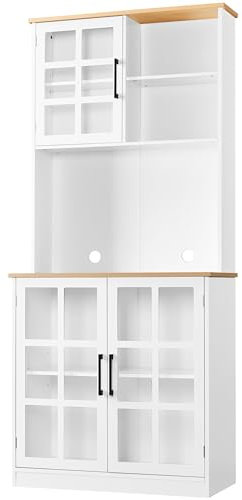 Yaheetech Küchenschrank, Hochschrank mit Schrank, Mehrzweckschrank mit verstellbaren Einlegeböden, Vorratsschrank mit Glastüren, Geschirrschrank mit Offenen Ablagefächer, Weiß