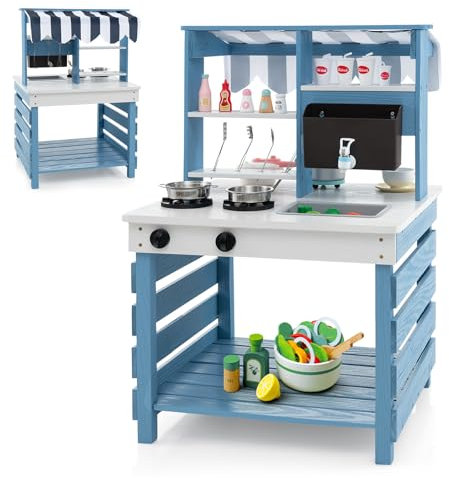 DREAMADE Matschküche Kinder Outdoor, Outdoorküche aus Tannenholz mit abnehmbarem Waschbecken & Wassertank & Herd, doppelseitige Spielküche Kinderküche mit 6 TLG. Zubehör für Kinder ab 3 Jahren (Blau)