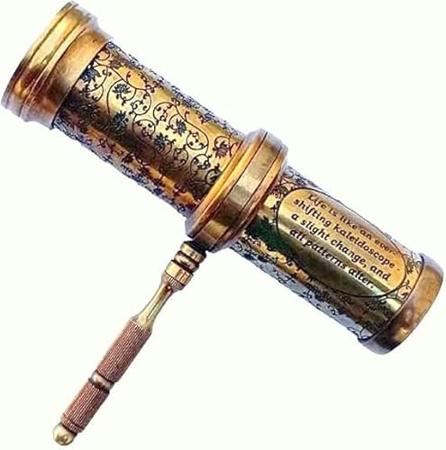 ANTIQLICIOUS Caleidoscopio in ottone intagliato a mano antico per adulti, effetto vintage, finitura anticata con manico in ottone