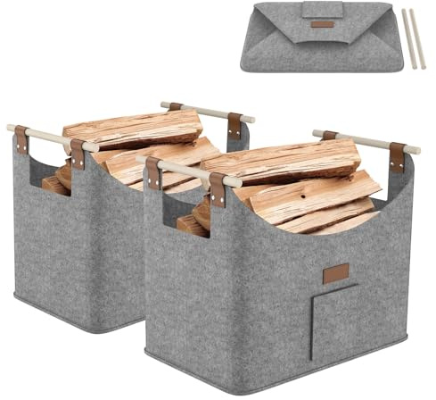 YUENFONG Lot de 2 paniers en feutre pour bois de cheminée, panier à bois de chauffage, panier à bois de cheminée, panier à bois pliable, sac en feutre extra épais avec poignée, pour journaux, 50 x 32