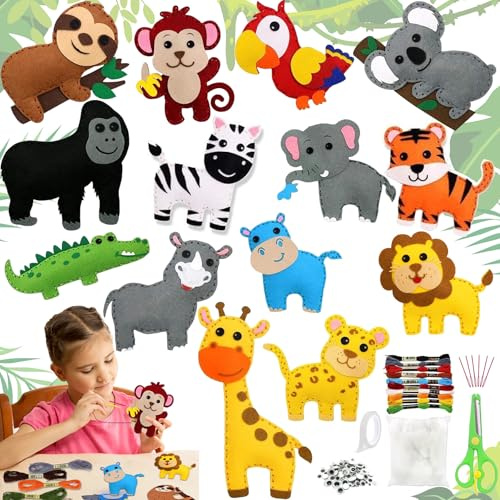 TZEKING Kit de Couture Enfant,14 Pièces Kit Couture Animaux,Kits d'Artisanat en Feutre,Ensemble D'Artisanat Et De Couture pour Enfants à Partir de 6,Couture d'ornements en Peluche en Feutre Farci