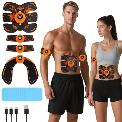 Electrostimulateur Musculaire, EMS Ceinture Abdominale Electrostimulation, 8 Modes et 19 Intensités,Stimulateur Musculaire, USB Rechargeable,16 Morceaux D'hydrogel, pour Abdos/Bras/Jambes/Fesses