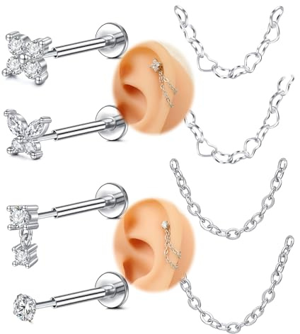 VFUN Boucles d'oreilles à tige à dos plat avec chaîne hypoallergéniques pour femme, tragus, cartilage, lèvre, méduse