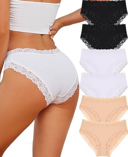 ALL OF SHE Lot de 6 sous-vêtements en Coton Caleçons Femmes Slip Dentelle Culotte Soft Hipster Sexy Panties Underwear Women Multipack