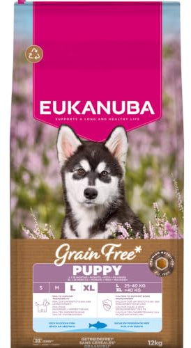 EUKANUBA Cibo secco per Cuccioli senza cereali con pesce per razze di taglia grande - Alimento secco premium privo di cereali per Cani giovani, 12 kg