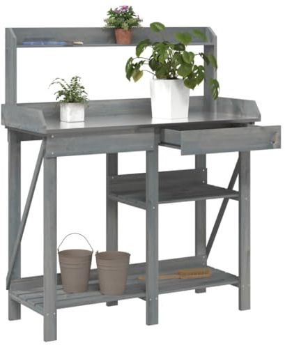 KTHLBRH Table de plantation en bois de sapin massif avec plateau galvanisé, tiroir et compartiments ouverts pour jardin, terrasse ou intérieur - Table de rempotage robuste avec plateau à lattes pour
