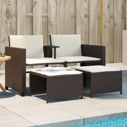YuuSsea 2-Sitzer Gartensofa Set, Braun Poly Rattan Outdoor Möbel, inklusive Tisch, 2 Hocker und Kissen, UV-beständig, für Terrasse, Balkon, Veranda