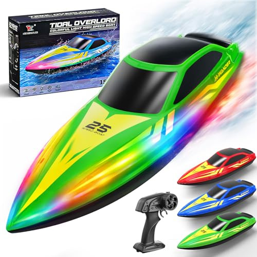 Remote Control Boat with 7-Mode Colorful LED Lights,10 Inch RC Boat,15KM/H High Speed,2.4GHz,3 Speed Modes,2 Rechargeable Batteries,Auto Flip Recovery,Pool & Lake Racing Gifts for Kids & Adults.—GREEN