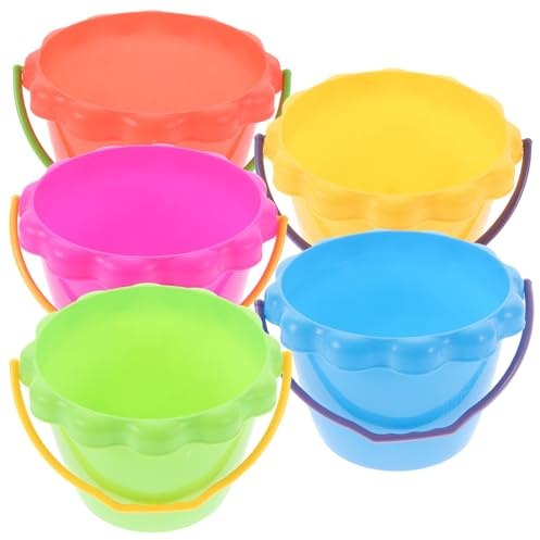 HOOTNEE Set 5 Pezzi Secchielli di Sabbia in Plastica Colorati Maniglia Giocattoli da Spiaggia Resistenti per Strumenti Creativi per Giochi All’Aperto e Sviluppo Manuale Colore Casuale