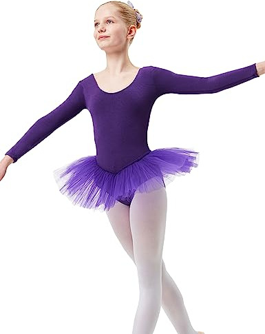 tanzmuster Ballettkleid Mädchen Langarm - Alea - Tutu aus weicher Baumwolle Ballettbody Ballett Trikot in lila, 116/122