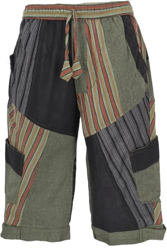 GURU SHOP Pantaloni da yoga patchwork Goa, pantaloni Goa Shorts, uomo, cotone, pantaloni alternativi, nero/verde, 52
