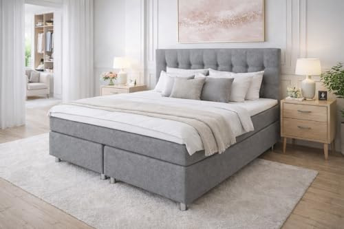 Tesla Dreams Boxspringbett 160x200 Ronda, 7 Zonen Taschenfederkern-Matratze H2/H3, 5 Jahre Garantie, Topper Visco, Unterbau Taschenfederkern, Montage verfügbar, Grau