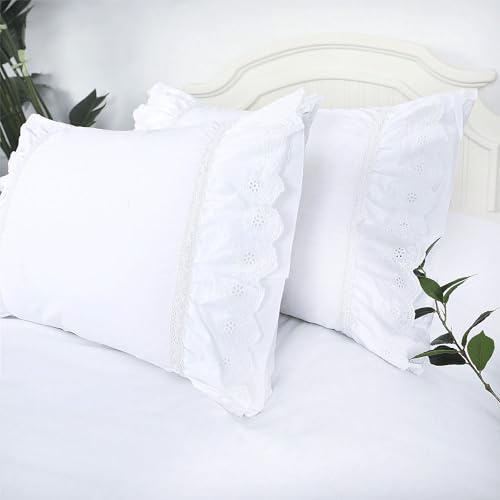 Set di 2 federe per cuscino con occhielli in pizzo increspato, stile shabby chic, in cotone, stile country francese, ricamato, floreale, vittoriano, all'uncinetto, 51 x 66 cm