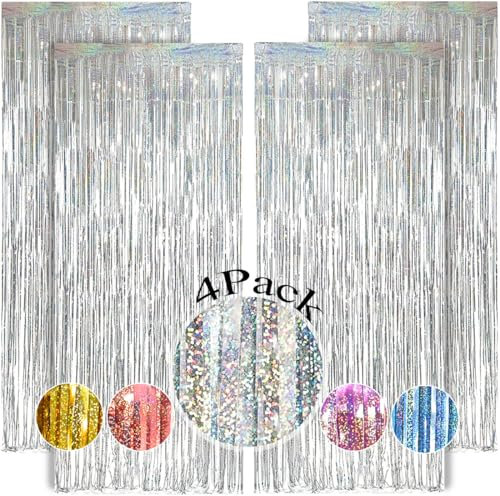 OEMG 4 Pieces Silver Metallic Fringe Curtain Shiny Aluminium Shimmer Curtain Glitter Curtain Decoration Party Wedding Birthday Halloween Photobooth Christmas Party (1 x 2.5 m) (Silver)
