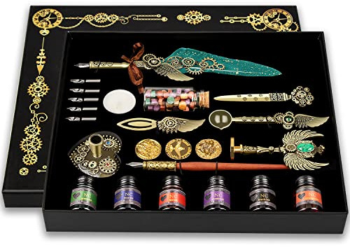 NC Quill Pen and Ink Set, Feather Calligraphy Pen Set, Wax Seal Stamp Set, Valentine's Day Gift for Writing Lovers, Various Holiday Ideal Gift (Green)
