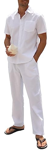 SIENDIU Ensemble 2 pièces en lin pour homme - Vêtements de plage et de mariage - Chemises boutonnées décontractées - Pantalon de yoga - Costume d'été assorti, blanc, Large