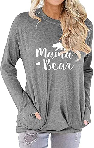 Womens Mama Bear Shirt Mom Shirt New Mom Gifts Graphic Tees with Pockets 2026, Grey, L