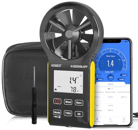 AIOMEST 6000WM-APP Anemometro Digitale Palmare Anemometro Vento CFM Misuratore di Velocità del Vento con MAX/MIN/AVG per Tester Velocità Vento Temperatura Temperatura Vento Chill, HVAC