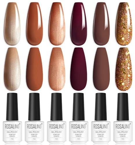 ROSALIND Esmaltes Semipermanentes Para Uñas en Gel UV LED, 6 Colores Otoño Marrón Rojo Marrón Color Café Albaricoque Glitter Pintauñas Semipermanentes Para Principiantes Manicura