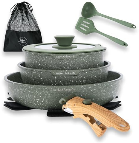 Kitchen Academy Non Stick Cookware Set, 10 Piece Granite-Coated Induction Pots and Pans Set with Detachable Handle, Stackable RV Cooking Set for Camping, Camp, Green